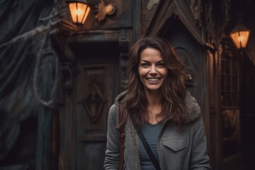 Fototapeta na wymiar Medium shot portrait photography of a pleased woman in her 40s that is wearing a cozy sweater against a thrilling haunted house attraction with brave visitors background . Generative AI