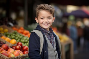 Fototapeta premium Medium shot portrait photography of a grinning child male that is wearing a chic cardigan against a bustling downtown farmer's market with fresh produce background . Generative AI
