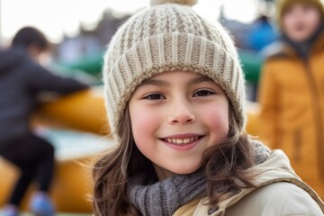 Portrait of a smiling little girl in winter clothes on the playground