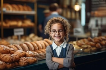 Medium shot portrait photography of a pleased child female that is wearing a classic blazer against a busy bakery with freshly baked goods and bakers at work background .  Generative AI