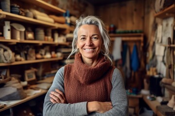Fototapeta na wymiar Portrait of smiling mature woman standing with arms crossed in her workshop