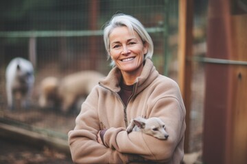 Portrait of happy senior woman with cute little lamb in animal shelter