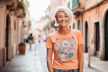 Portrait of smiling senior woman walking in the street. Elderly lady wearing casual t-shirt.
