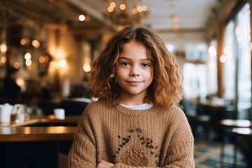 Medium shot portrait photography of a pleased child female that is wearing a cozy sweater against a parisian or european cafe background .  Generative AI