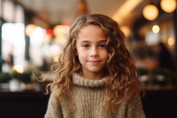 Portrait of a cute little girl with curly hair in a cafe