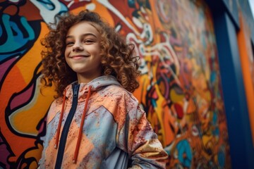 Obraz na płótnie Canvas Medium shot portrait photography of a pleased child female that is wearing a comfortable tracksuit against a vibrant street art mural painting in progress background . Generative AI