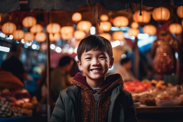 Obraz premium Medium shot portrait photography of a grinning child male that is wearing a chic cardigan against a lively night market with street food vendors background . Generative AI
