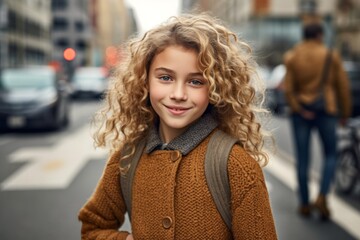 Fototapeta premium Portrait of a cute little girl with curly hair in the city