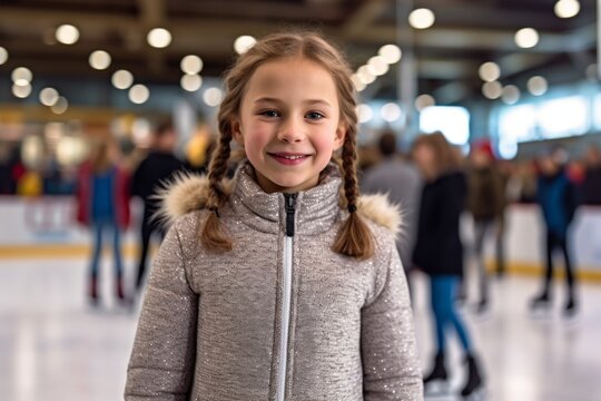 Medium shot portrait photography of a pleased child female that is wearing a chic cardigan against an indoor ice-skating rink with skaters of all skill levels background .  Generative AI