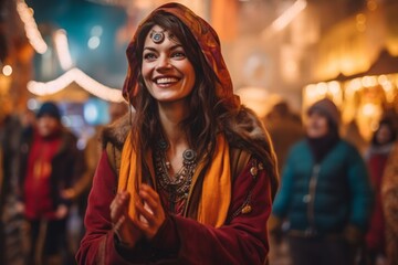 Obraz premium Portrait of a beautiful young woman on the Christmas market in Europe