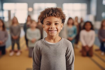 Portrait of smiling african american boy standing in classroom during lesson
