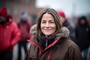 Portrait of a woman in a red jacket on the street.