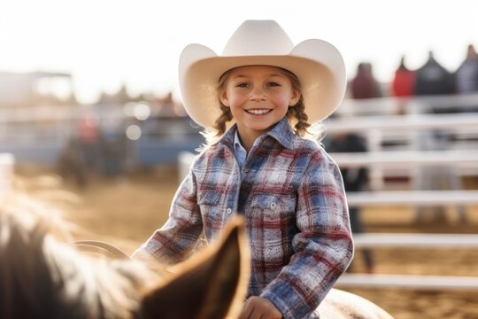 Cute little girl wearing cowboy hat riding a horse in a ranch