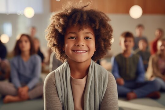 Medium shot portrait photography of a grinning child male that is wearing a chic cardigan against a serene yoga class setting with participants practicing background .  Generative AI
