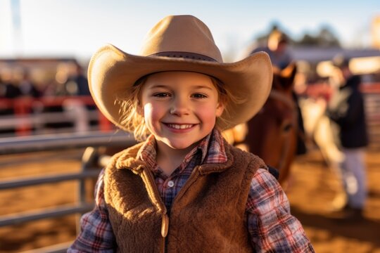 Medium shot portrait photography of a pleased child female that is wearing a cozy sweater against a lively rodeo event with barrel racing and bull riding background .  Generative AI
