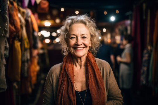 Portrait of smiling senior woman in a clothing store, lifestyle concept