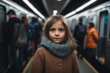 Fototapeta na wymiar Medium shot portrait photography of a pleased child female that is wearing a cozy sweater against a packed subway car during a rush hour background . Generative AI