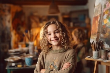 Medium shot portrait photography of a pleased child female that is wearing a cozy sweater against a quiet painting studio with artists creating masterpieces background .  Generative AI
