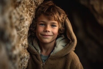 Medium shot portrait photography of a grinning child male that is wearing a cozy sweater against a geode or crystal cave background .  Generative AI