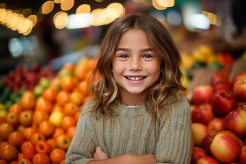 Fototapeta na wymiar Portrait of a cute little girl at the fruit stand in the supermarket