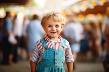 Medium shot portrait photography of a grinning child male that is wearing a trendy jumpsuit against a lively oktoberfest celebration with attendees in traditional attire background .  Generative AI