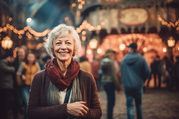 Fototapeta premium Portrait of happy senior woman on Christmas market in Paris, France