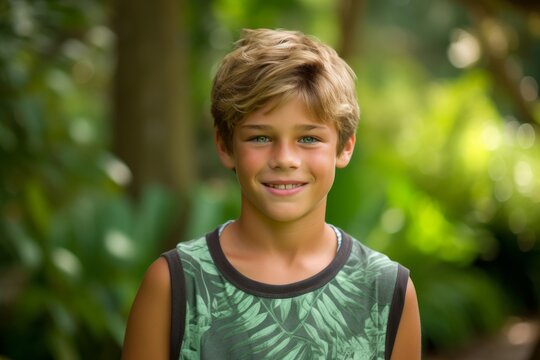 Portrait of a smiling boy with blond hair in the park.