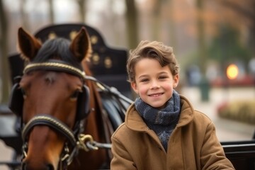 Fototapeta na wymiar Medium shot portrait photography of a grinning child male that is wearing a warm parka against a charming horse-drawn carriage ride in a city park background . Generative AI