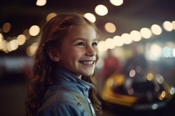 Portrait of a smiling little girl in the amusement park at night