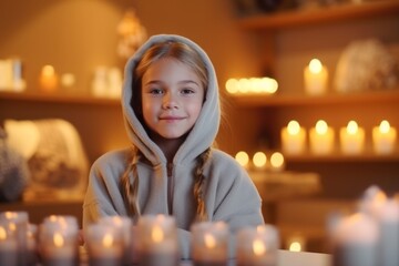 Medium shot portrait photography of a pleased child female that is wearing a warm parka against a tranquil spa environment with candles and massage background .  Generative AI