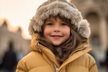 Portrait of a cute little girl in a fur hat on the street