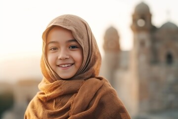 Medium shot portrait photography of a pleased child female that is wearing hijab against a historic castle with knights and nobility background .  Generative AI