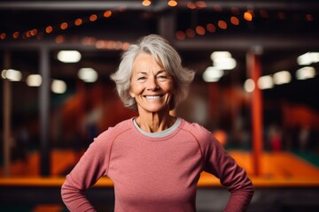 Fototapeta premium Portrait of happy senior woman smiling at camera in fitness studio.