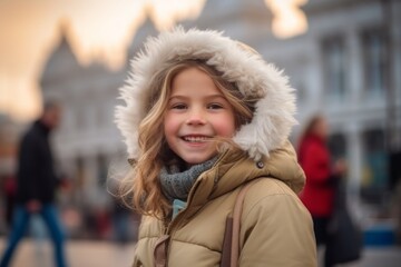 Medium shot portrait photography of a pleased child female that is wearing a warm parka against an iconic landmark on a busy tourist day background .  Generative AI