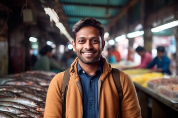 Medium shot portrait photography of a grinning man in his 30s that is wearing a chic cardigan against a bustling fish market with vendors selling their catch background .  Generative AI