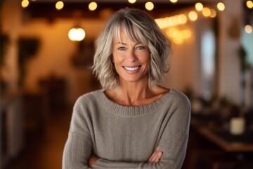 Obraz premium Portrait of smiling mature woman standing against blurred background in a restaurant