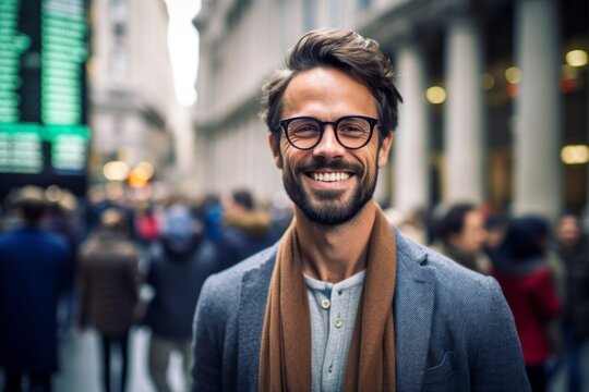Medium shot portrait photography of a grinning man in his 30s that is wearing a chic cardigan against a bustling day at the stock exchange with traders background .  Generative AI