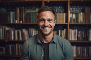 Medium shot portrait photography of a grinning man in his 30s that is wearing a chic cardigan against a library or bookshelf background . Generative AI