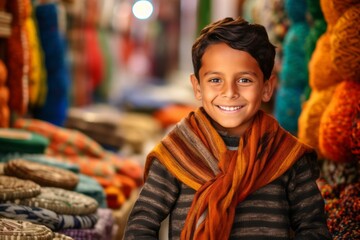 Medium shot portrait photography of a pleased child male that is wearing a chic cardigan against a bustling trader's market with colorful fabrics and spices background .  Generative AI