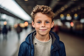 Portrait of a boy in a blue jacket on the background of the railway station