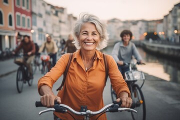 Fototapeta na wymiar Portrait of happy senior woman riding bicycle in the city. Smiling elderly woman with her friends cycling in the background.