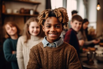 Portrait of smiling African-American boy with dreadlocks looking at camera in cafe