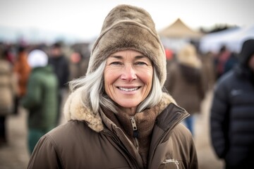 Portrait of smiling mature woman in fur hat at flea market