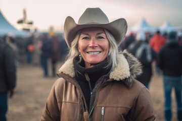 Medium shot portrait photography of a pleased woman in her 50s that is wearing a warm parka against a rodeo event with cowboys and horses background .  Generative AI