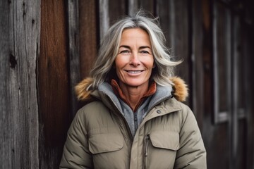 Fototapeta na wymiar Medium shot portrait photography of a pleased woman in her 50s that is wearing a warm parka against a rustic barn or farm background . Generative AI