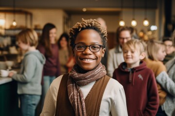 Obraz na płótnie Canvas Medium shot portrait photography of a pleased child male that is wearing a chic cardigan against a cozy chocolate-making class with a group of people background . Generative AI