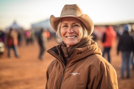 Portrait of a smiling senior woman wearing a cowboy hat at a flea market