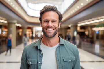 Medium shot portrait photography of a grinning man in his 30s that is wearing a simple tunic against a shopping mall or retail background .  Generative AI