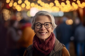 Naklejka premium Portrait of smiling senior woman with eyeglasses at Christmas market