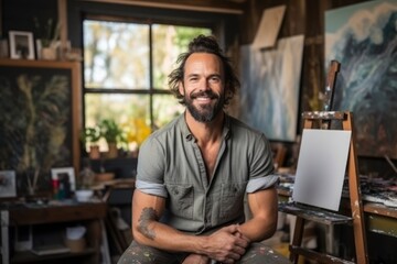 Fototapeta premium Portrait of smiling male artist sitting at his workplace in his studio